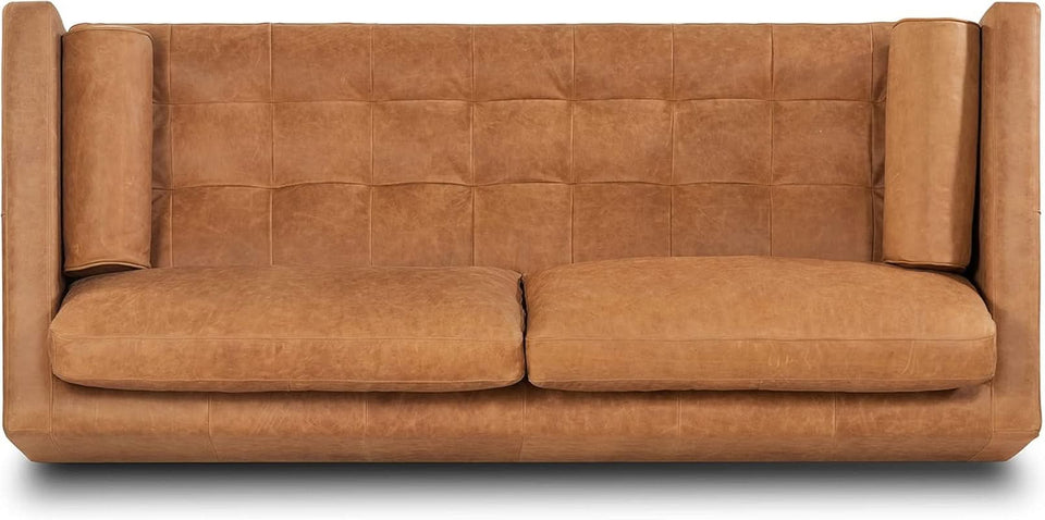 Cognac Tan Leather Mid Century Sofa With Bolsters In Stock