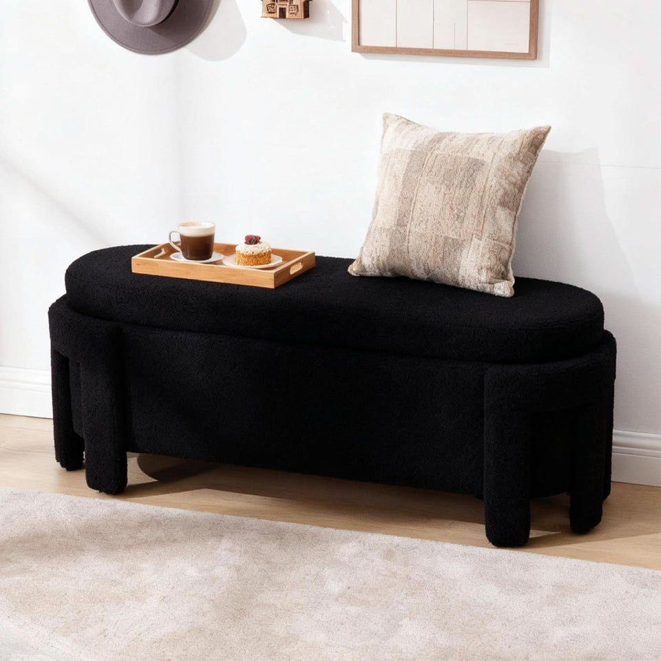 FiftyInch Sherpa Black Upholstered Storage Bench Ottoman