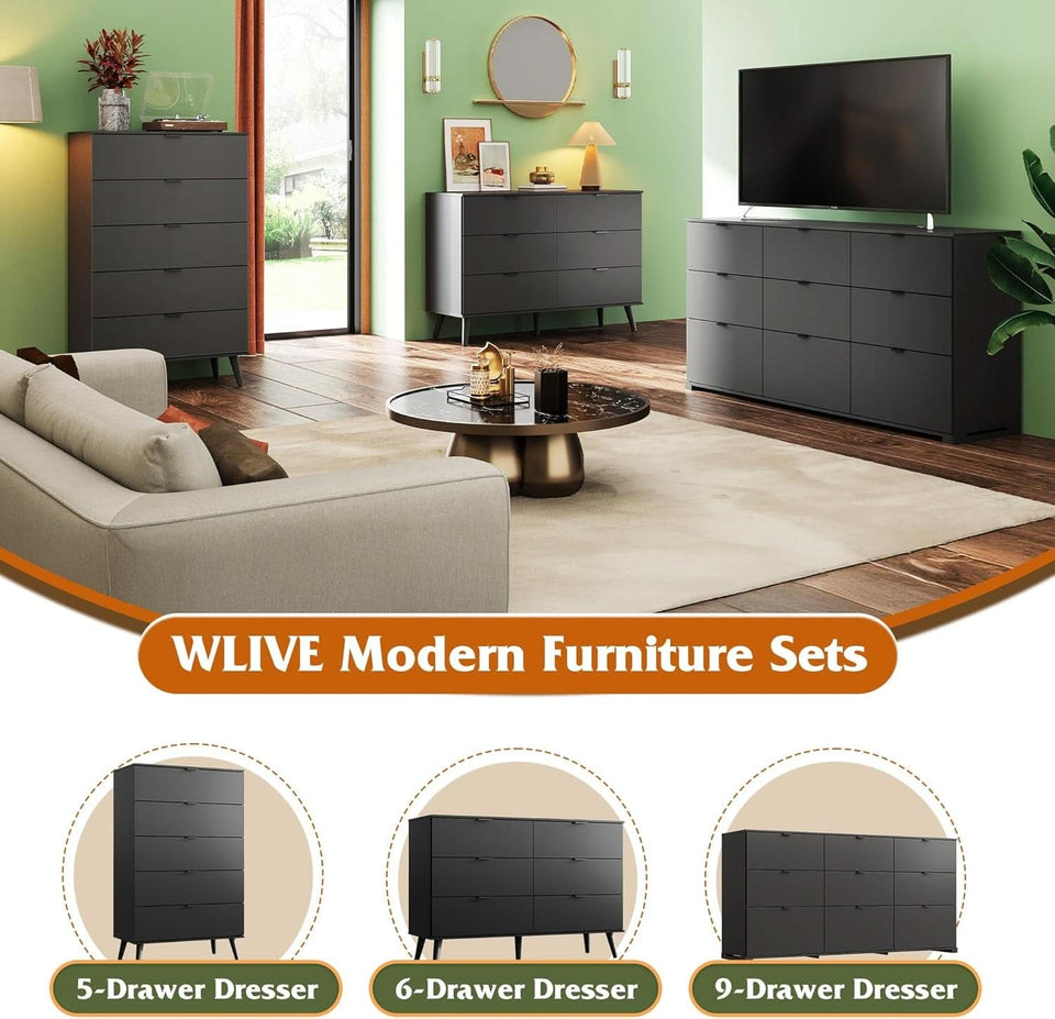 Black 47 Inch Dresser With Six Drawers Storage Options