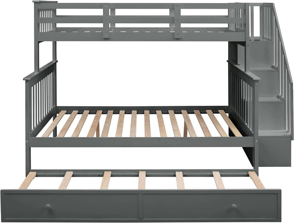Twin Over Full Bunk Bed With Trundle Storage Shelves Grey