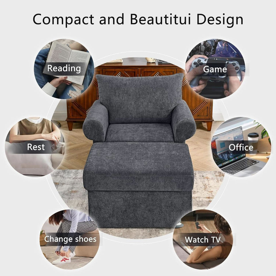 Gray 35 Inch Accent Chair With Ottoman And Chaise Lounge