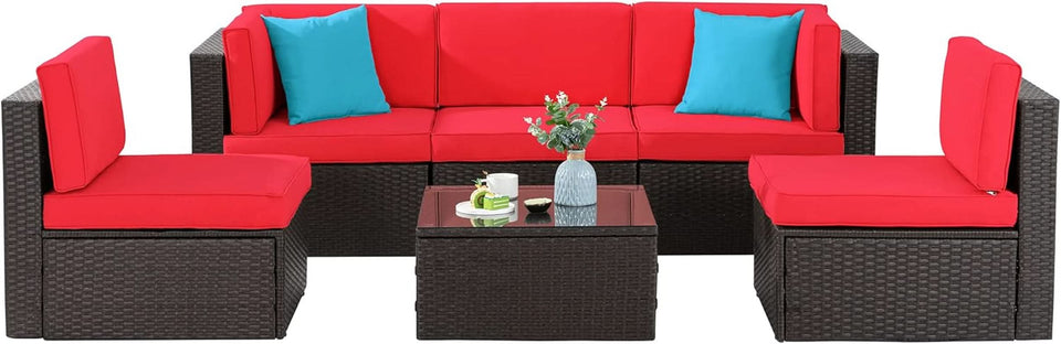 6 Piece All Weather Red Cushions Outdoor Patio Wicker Sofa Set
