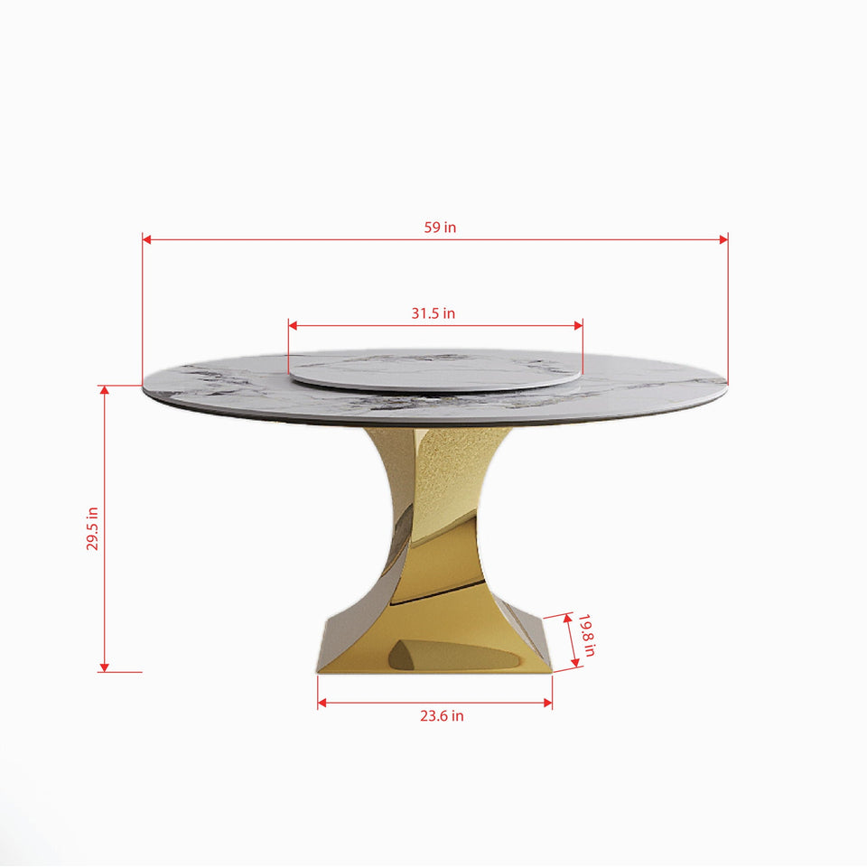 Luxury Round 59" Sintered Stone Dining Table With Stainless Steel Hourglass Base, Scratch & Heat Resistant Surface - Golden / White