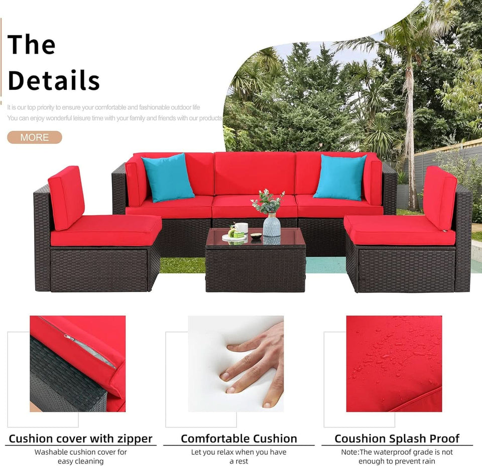 6 Piece All Weather Red Cushions Outdoor Patio Wicker Sofa Set