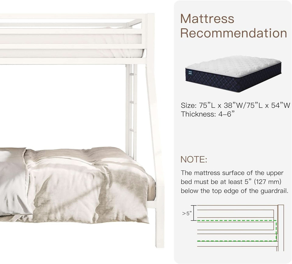 Metal Loft Bunk Bed Twin Over Full Size With Guardrail And Ladder Cream White