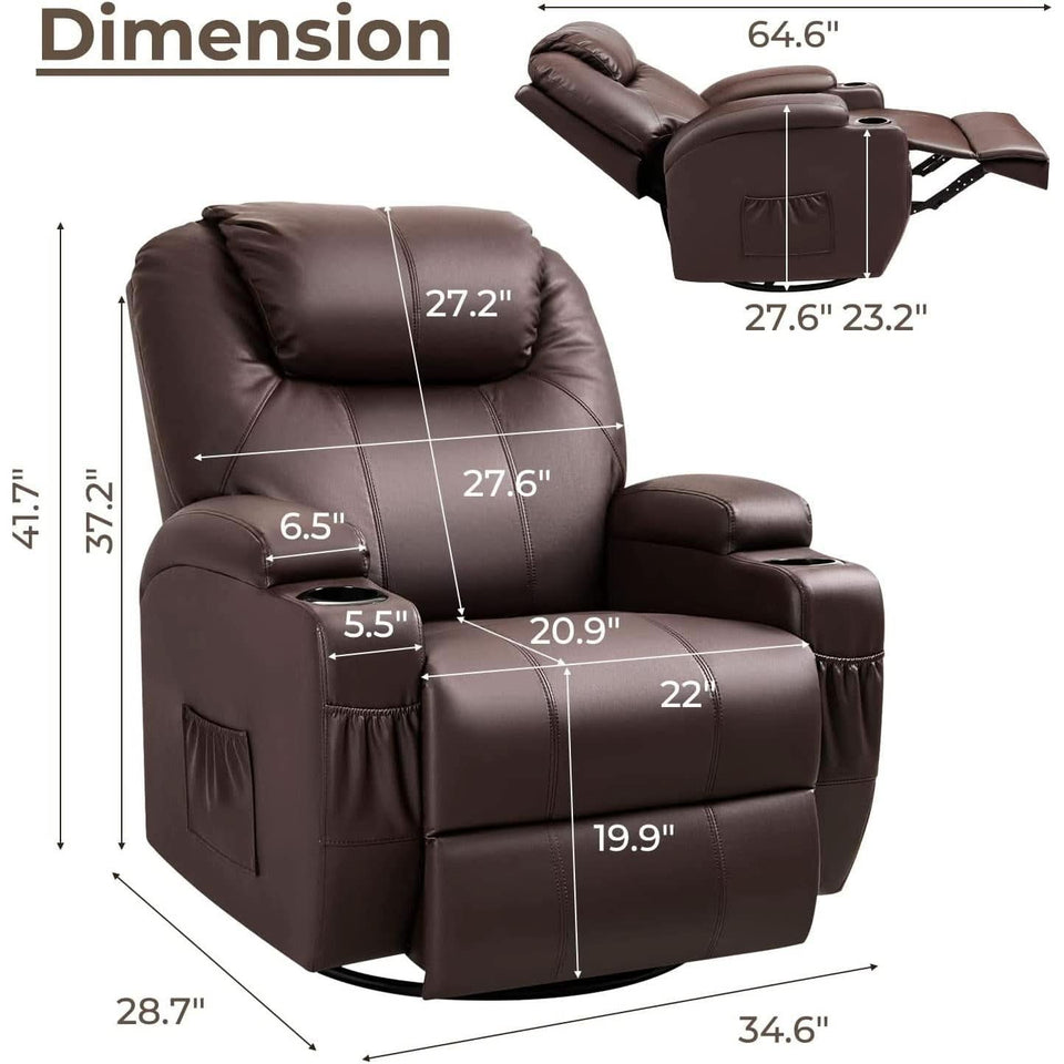 PU Leather Recliner Chair With Massage And Heat Brown