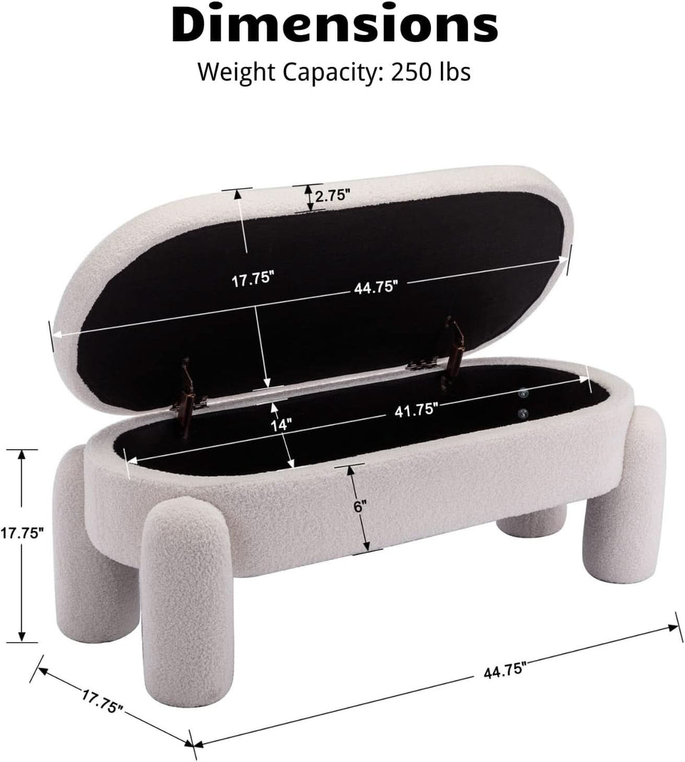 44.7-Inch White Boucle Upholstered Storage Ottoman Bench