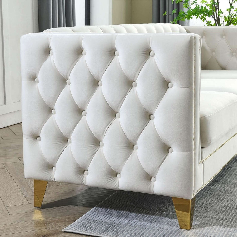 Velvet Beige 80-Inch Sofa Set With 58-Inch Loveseat And Gold Nail Heads