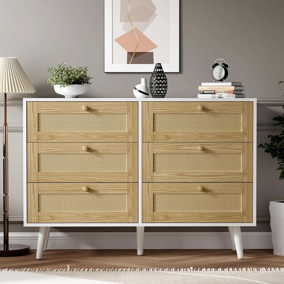 Six Drawer White Dresser For Bedroom And Hallway Storage