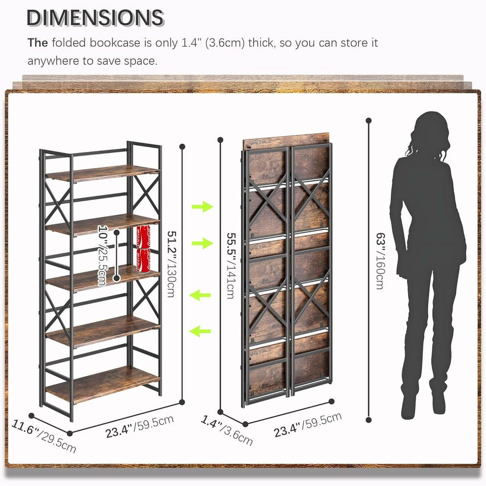 5 Tier Folding Bookshelf No Assembly Rustic Brown Storage