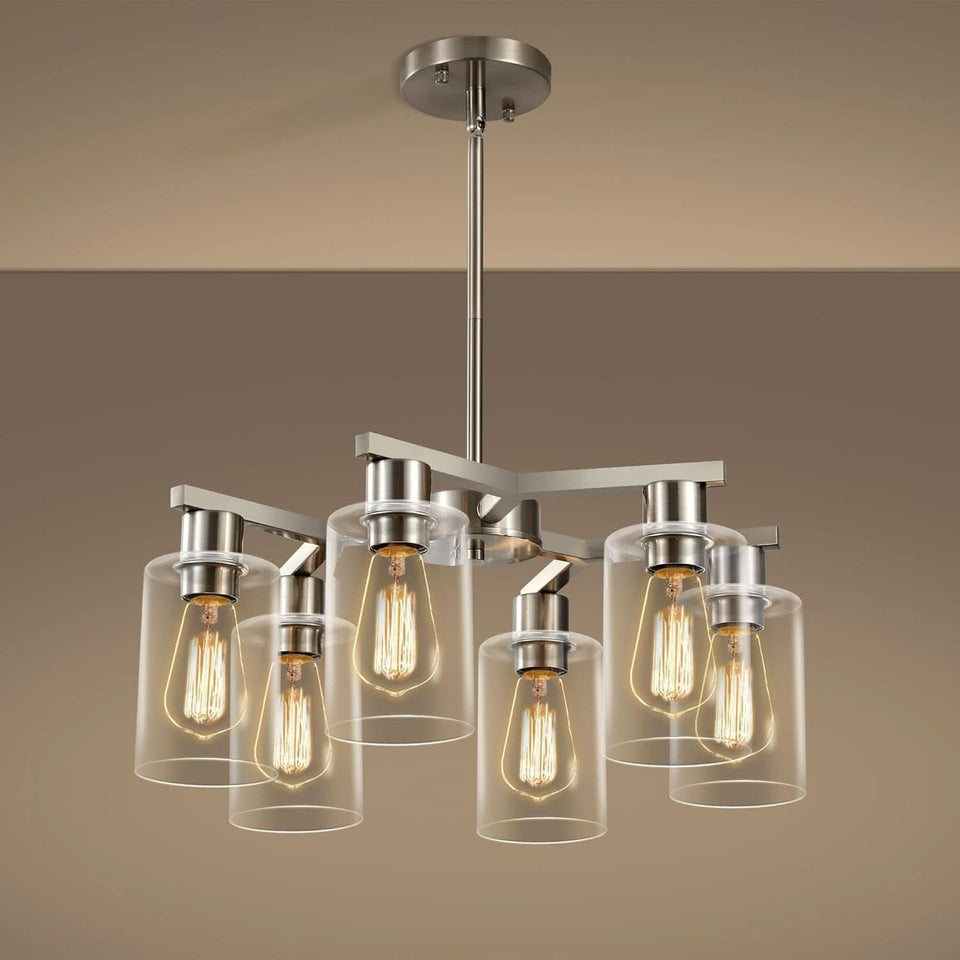 6 Light Farmhouse Brushed Nickel Pendant Chandelier