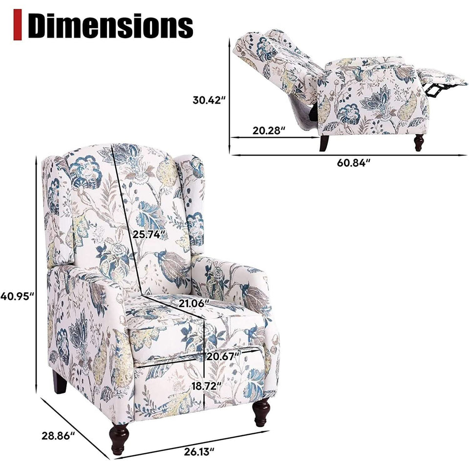 Upholstered Wingback Recliner Chair Blue Floral Elegant