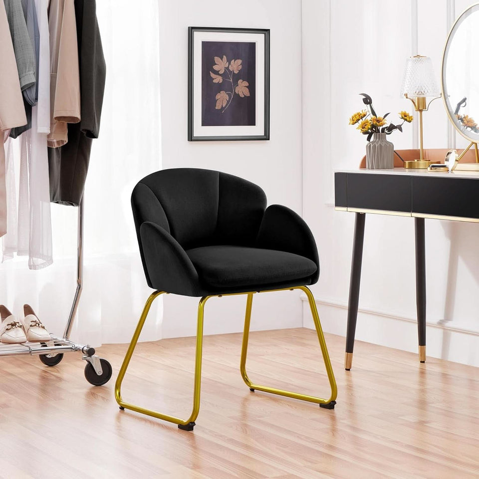 Modern Black Velvet Flower Armchair With Gold Legs