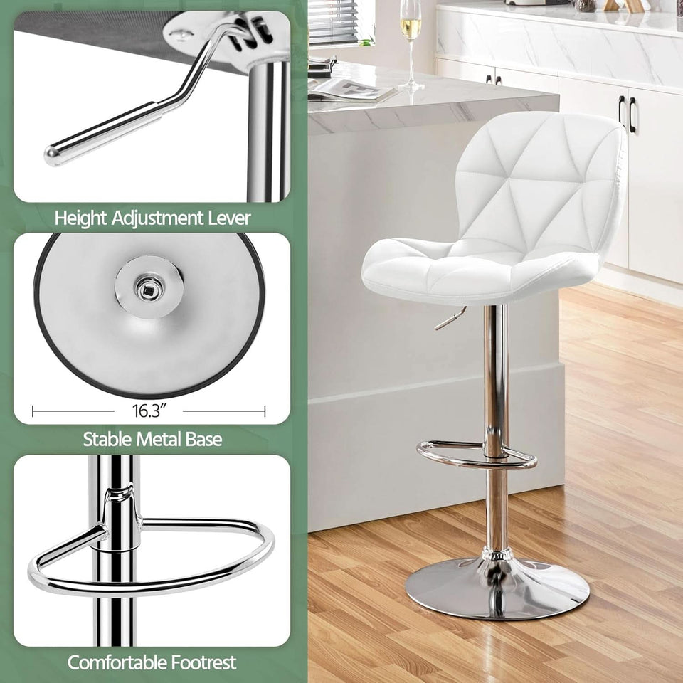 Pair Of White PU Leather Height Adjustable Bar Stools