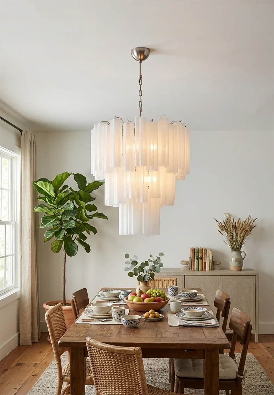 Elegant White Murano Glass Tube Chandelier
