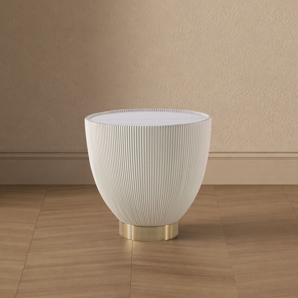 Anderson Sintered Stone Top Upholstered End Table in Weathered Grey in Cream
