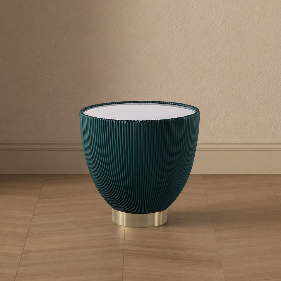 Anderson Sintered Stone Top Upholstered End Table in Weathered Grey in Green