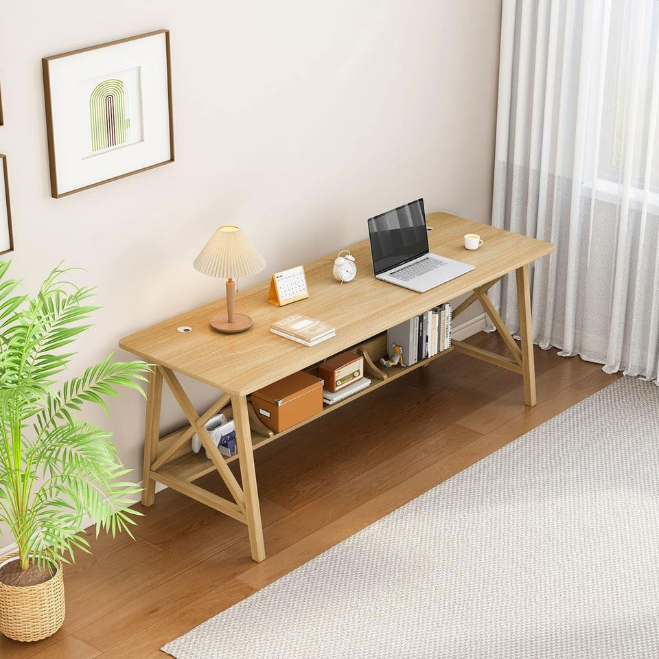 Extra Long Solid Wood Desk with Bookshelf Storage