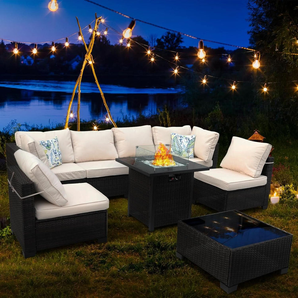 8 Piece Wicker Patio Furniture Set with Fire Pit