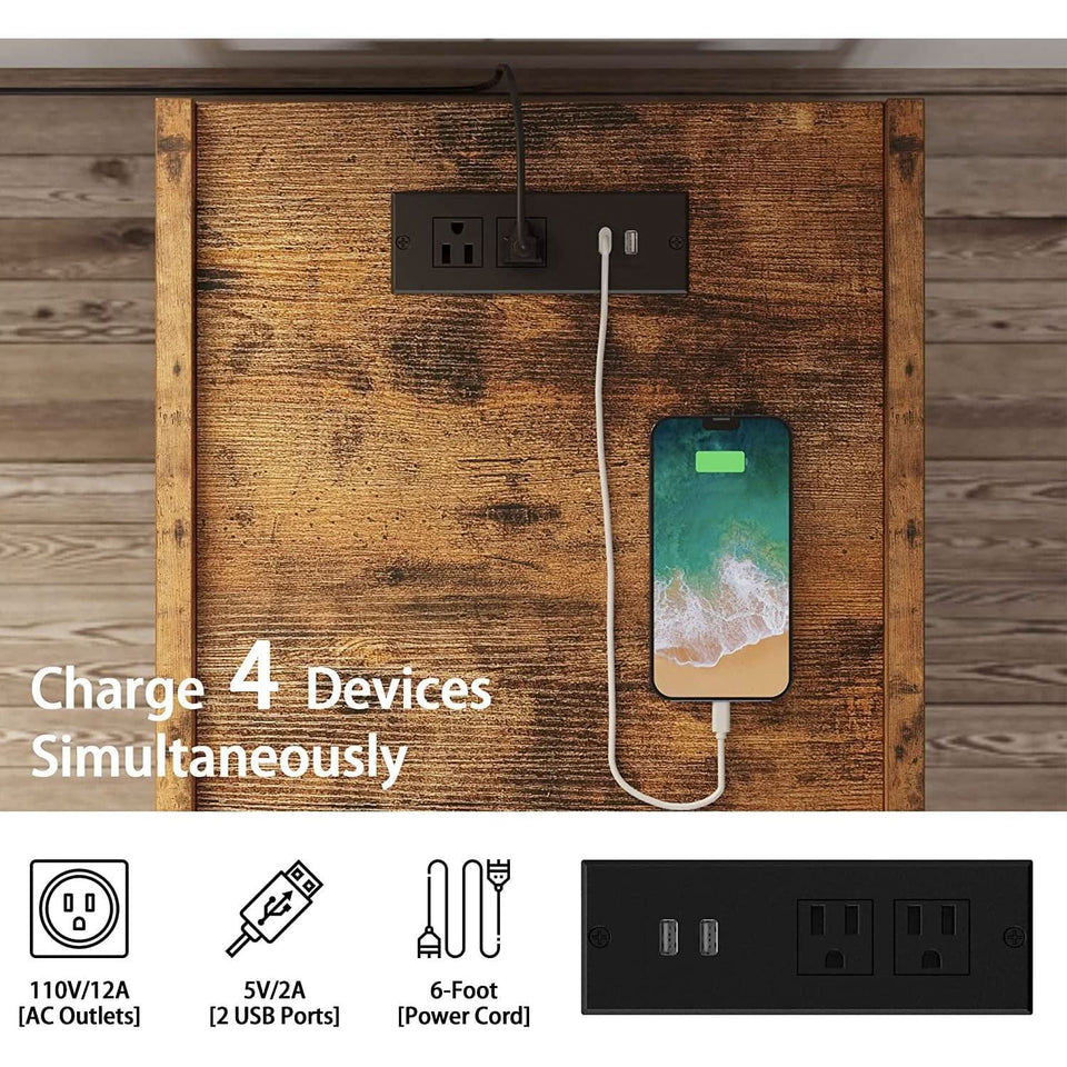 Bedside Table With Charging Station In Vintage Brown