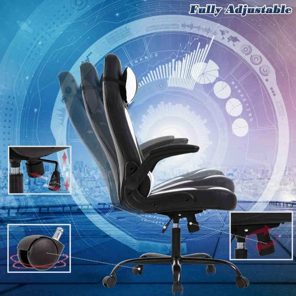 PC Gaming Chair White With Lumbar Support And Flip Up Arms