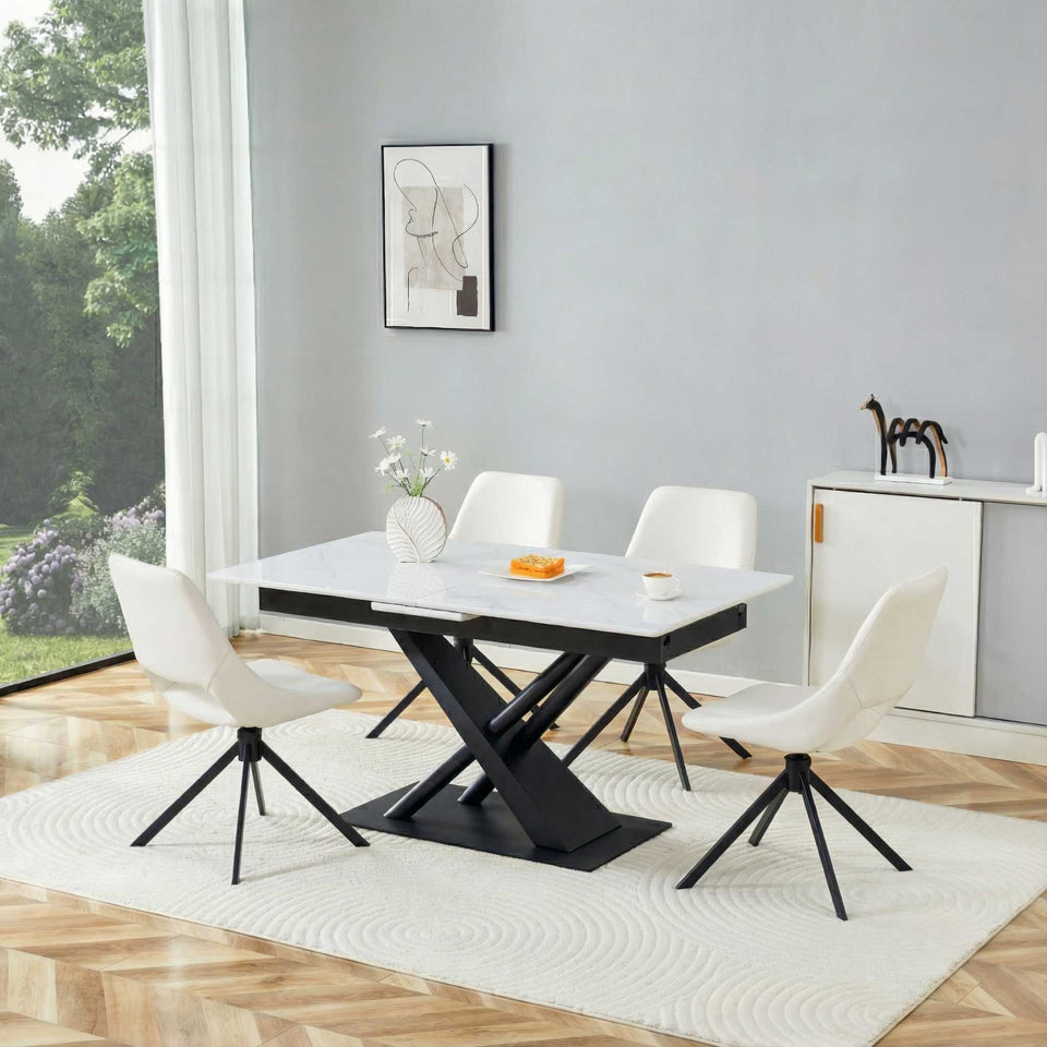Dining Table With Geometric X Frame For Kitchen Or Dining Room - White Marble