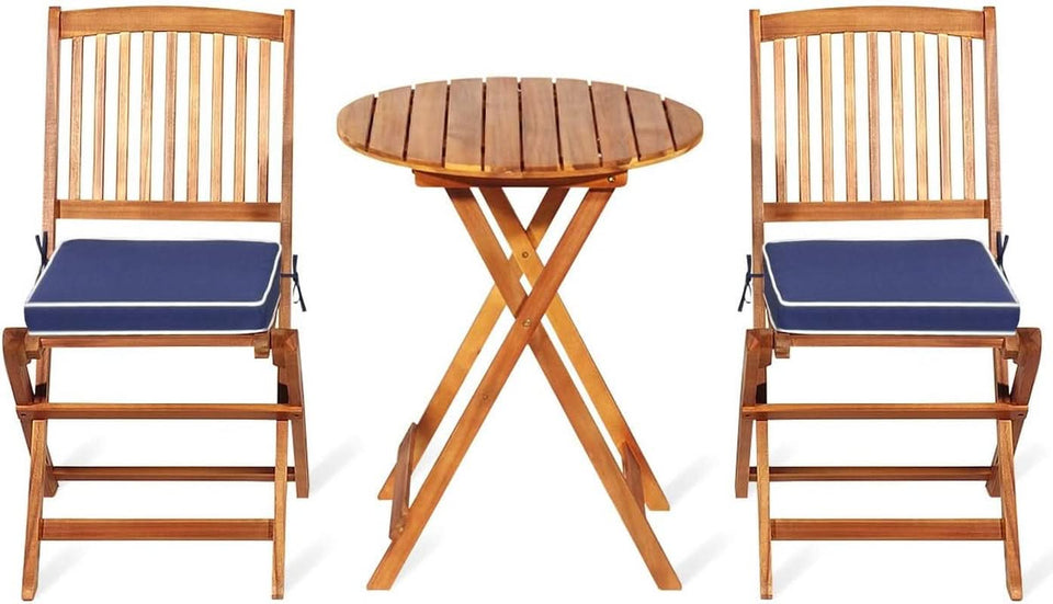 Patio Bistro Set With Wood Table And Navy Cushioned Chairs
