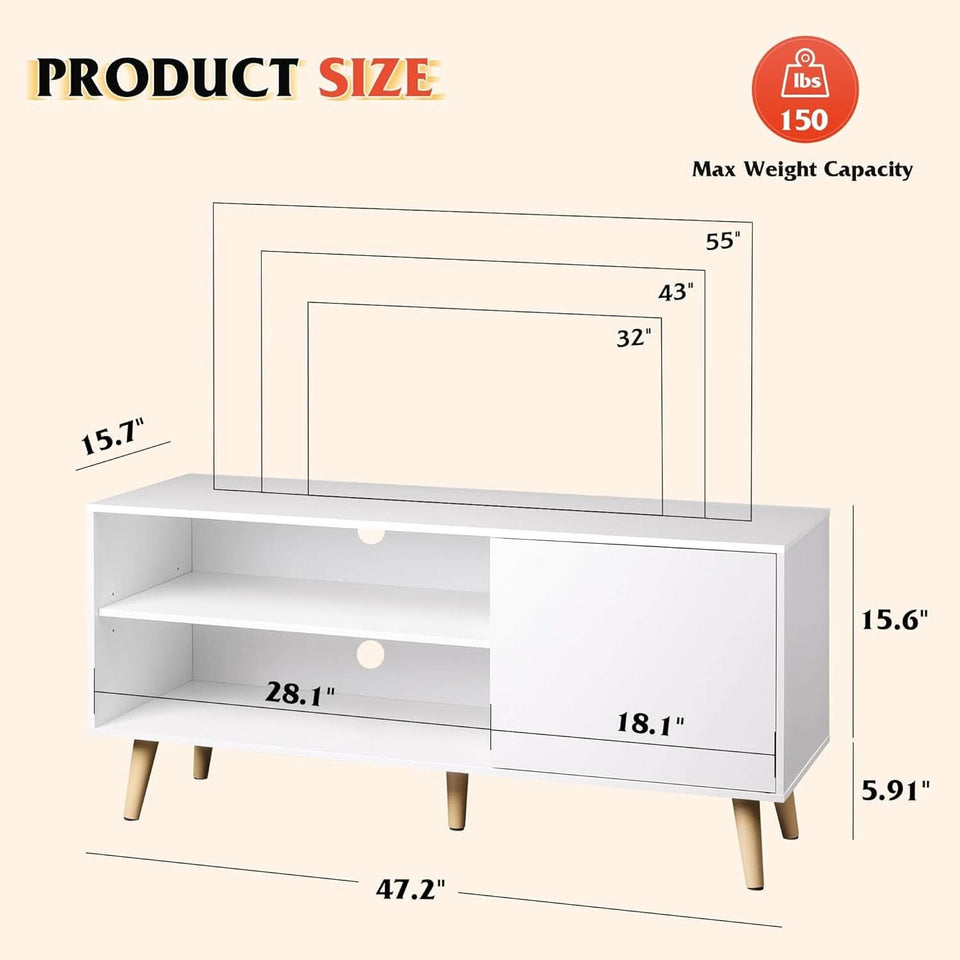 55-Inch TV Stand White Mid-Century Modern Storage Shelves