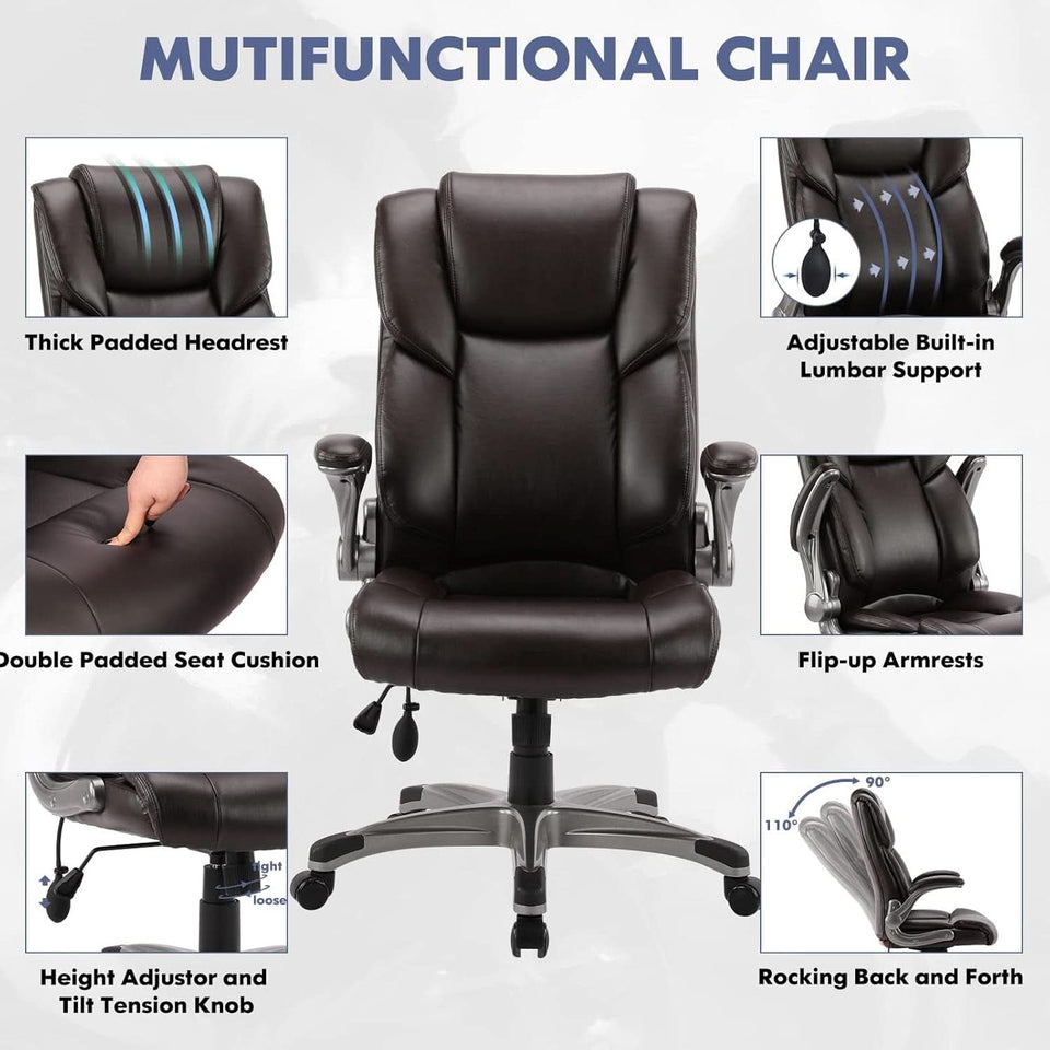 Two Brown Leather Executive Office Chairs Set With Adjustable Rolling