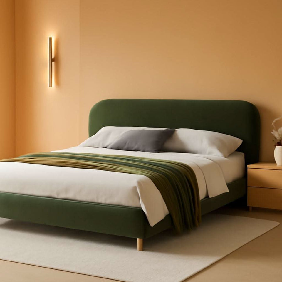 King Size Olive Green Boucle Upholstered Platform Bed