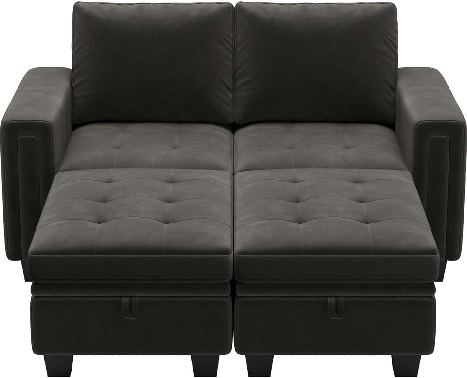 Grey Velvet Modular Sectional Sofa With Storage And Sleeper