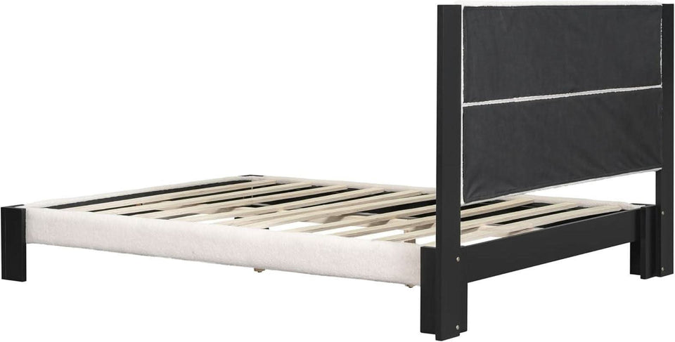 King Size Beige Boucle Upholstered Bed Frame With Solid Wood Slat Support