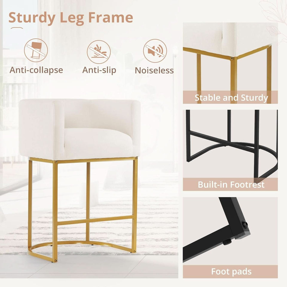27 Inch Counter Height Bar Stools With Backrest And Arms Gold Metal Frames Beige Linen Upholstery