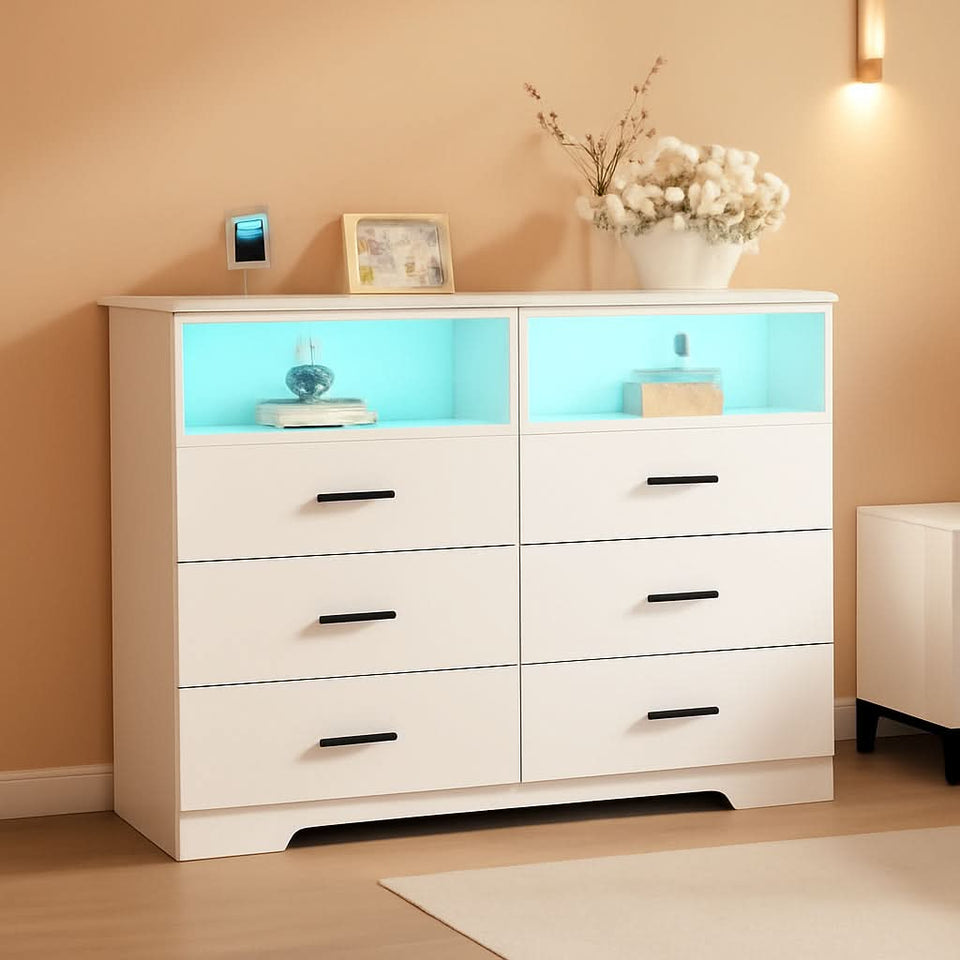 Tall White Six Drawer Dresser With Built In Power Outlets
