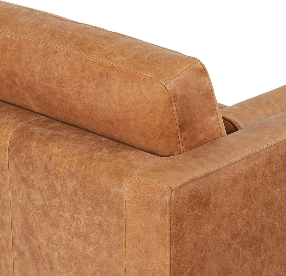 Cognac Tan Leather Mid Century Sofa With Bolsters In Stock