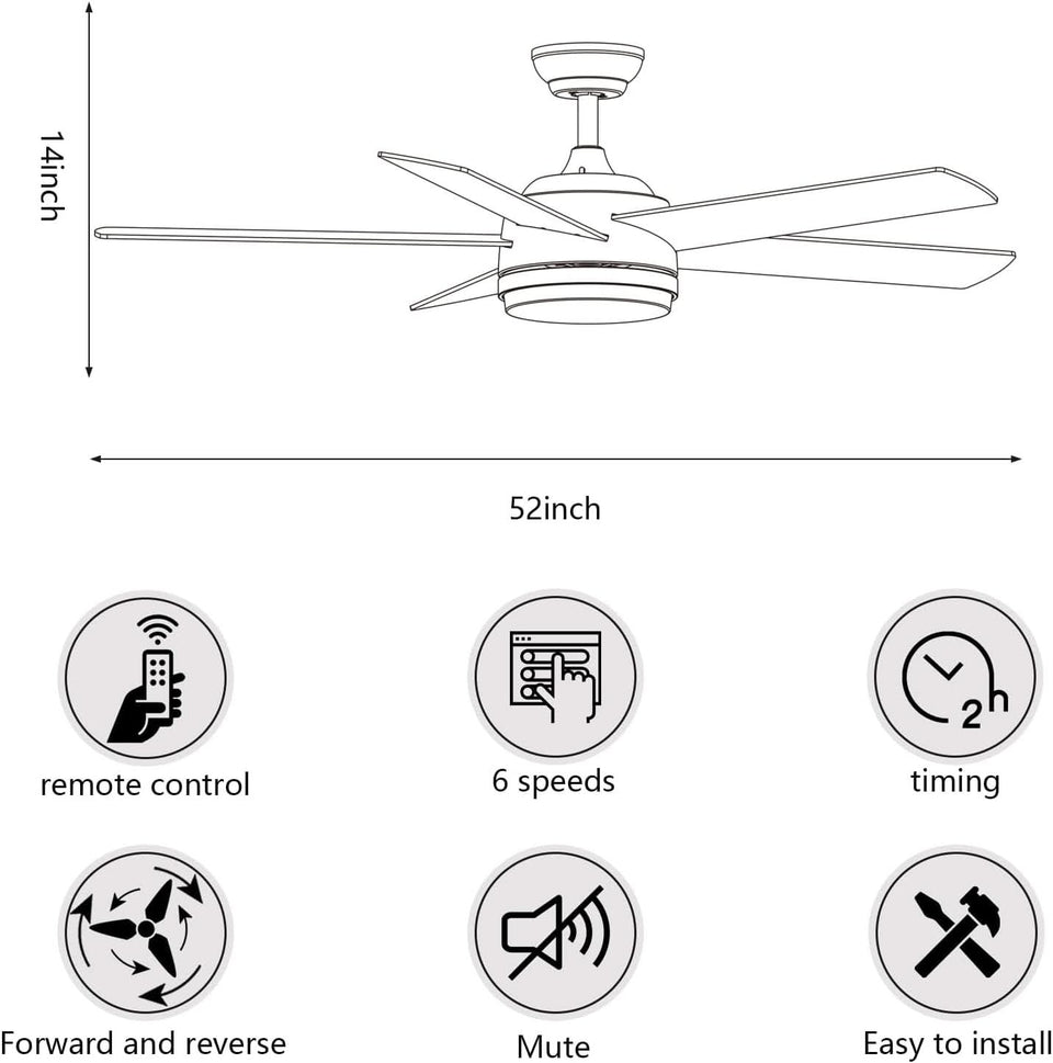 52 Inch Black Ceiling Fan With Dimmable 3 Color LED Lights And Remote
