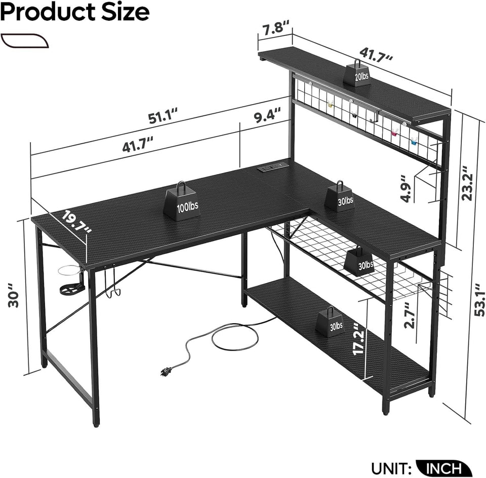 51-Inch L-Shaped Gaming Desk With LED Lights For Office