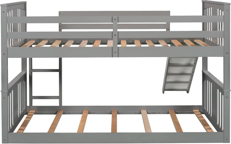 Twin Over Twin Bunk Bed With Slide In Gray For Kids