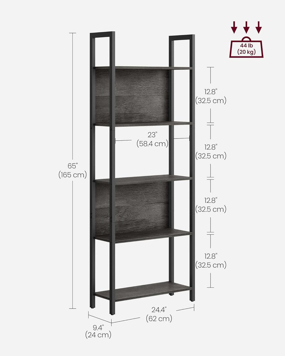 Five Tier Bookshelf With Steel Frame Charcoal Gray Black