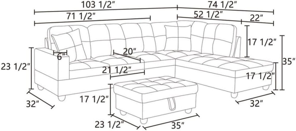 L Shaped 3 Piece Flannel Sofa With Storage Ottoman Grey