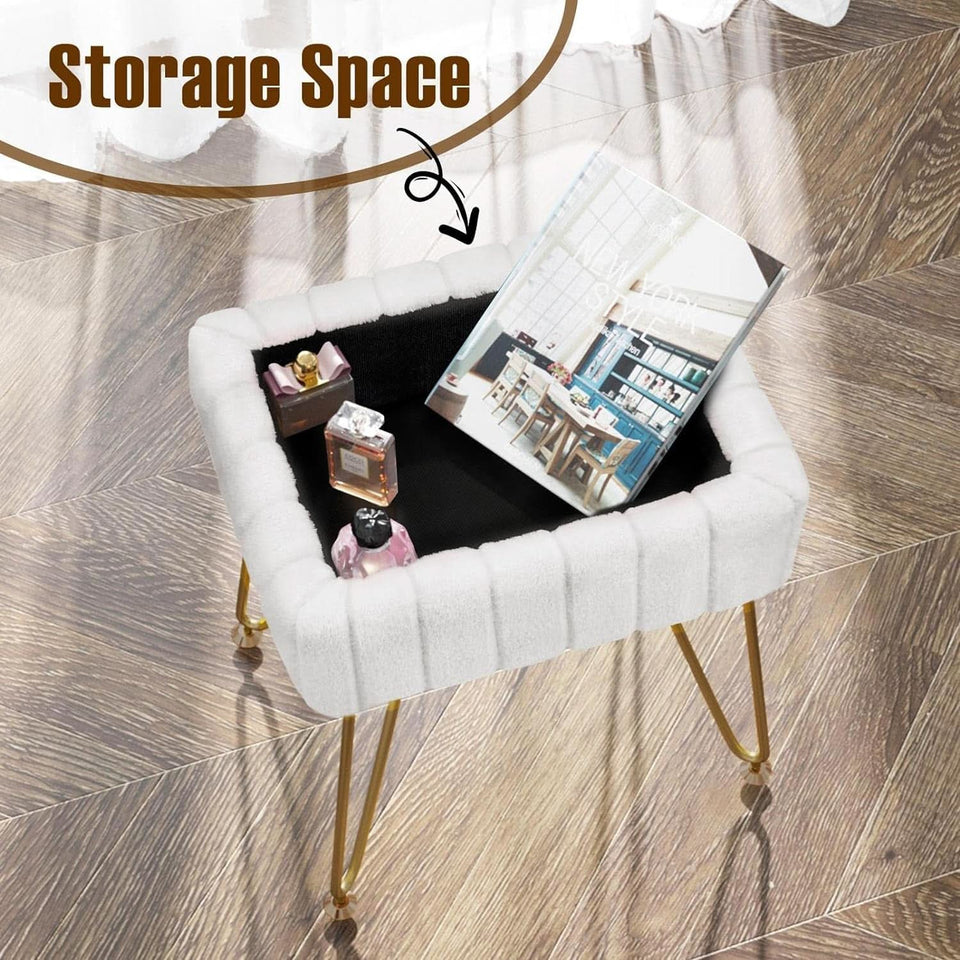 White Faux-Fur Vanity Stool With Premium-Grade Stowable-Storage