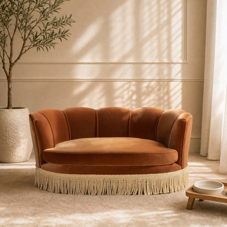 Clara Scalloped Pet Sofa Bed with Velvet Upholstery - Medium, Burnt
