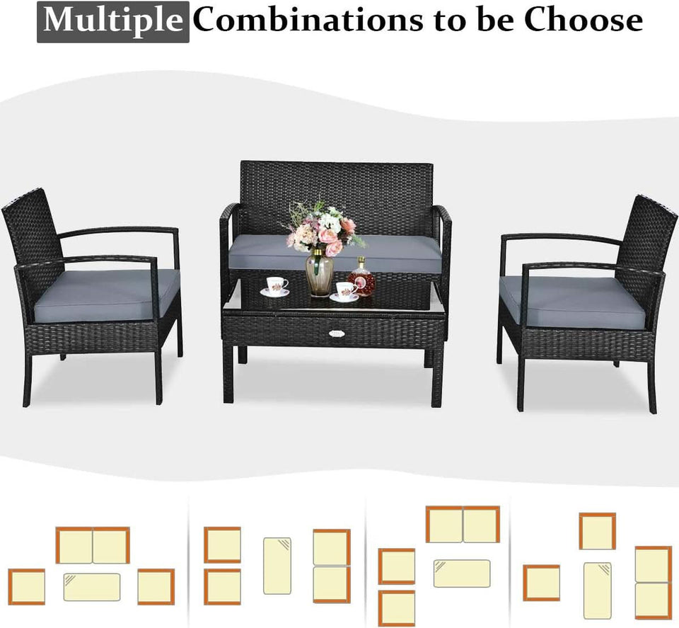 4 Piece Patio Rattan Furniture Set With Glass Coffee Table