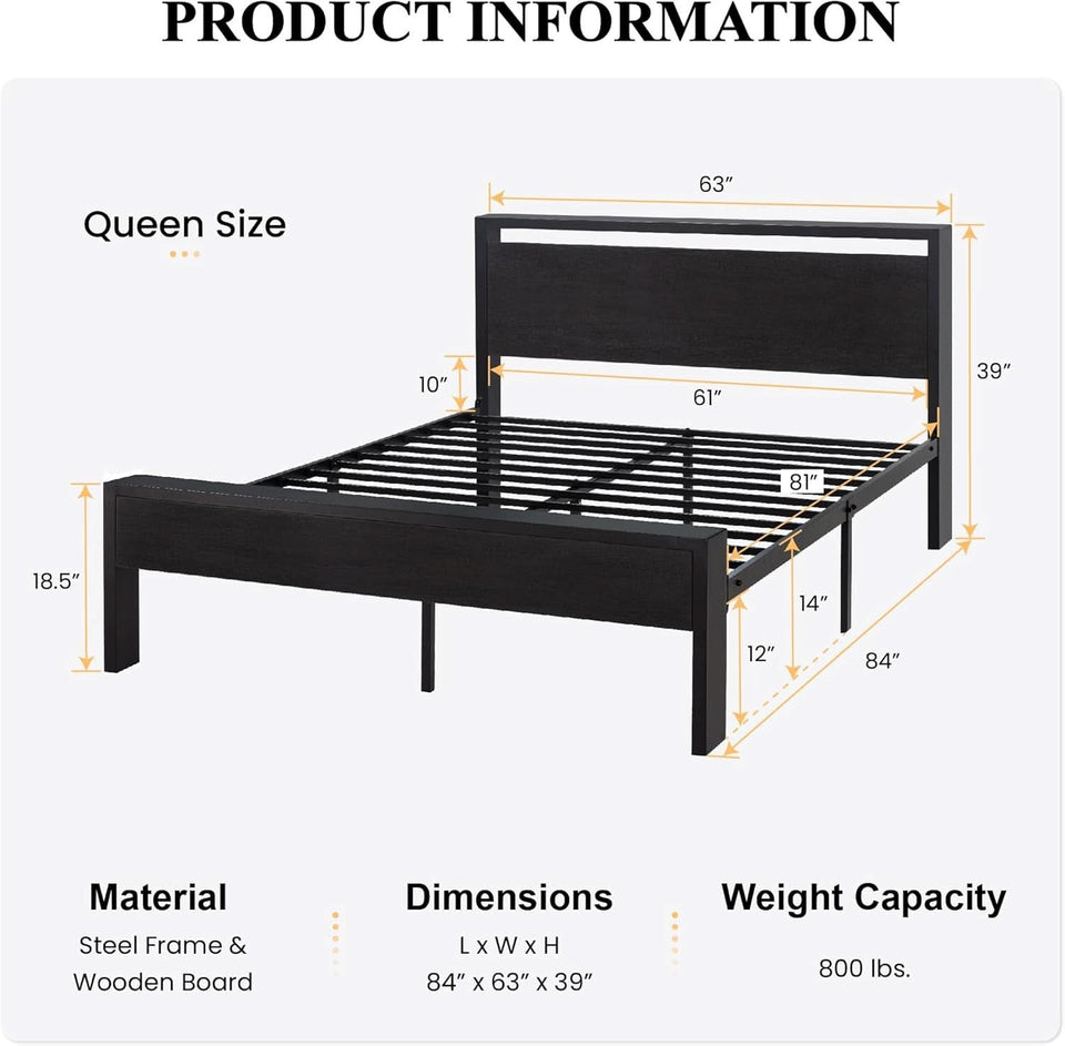 Queen Metal Platform Bed Frame With Storage Black Oak