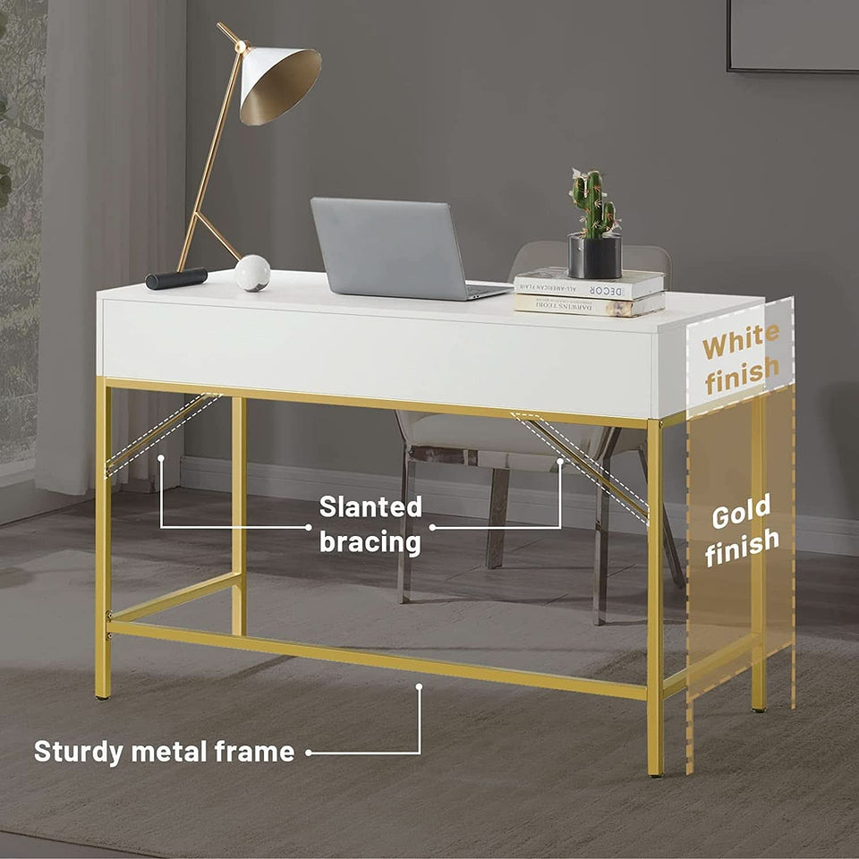White And Gold Vanity Desk With Drawers For Bedroom