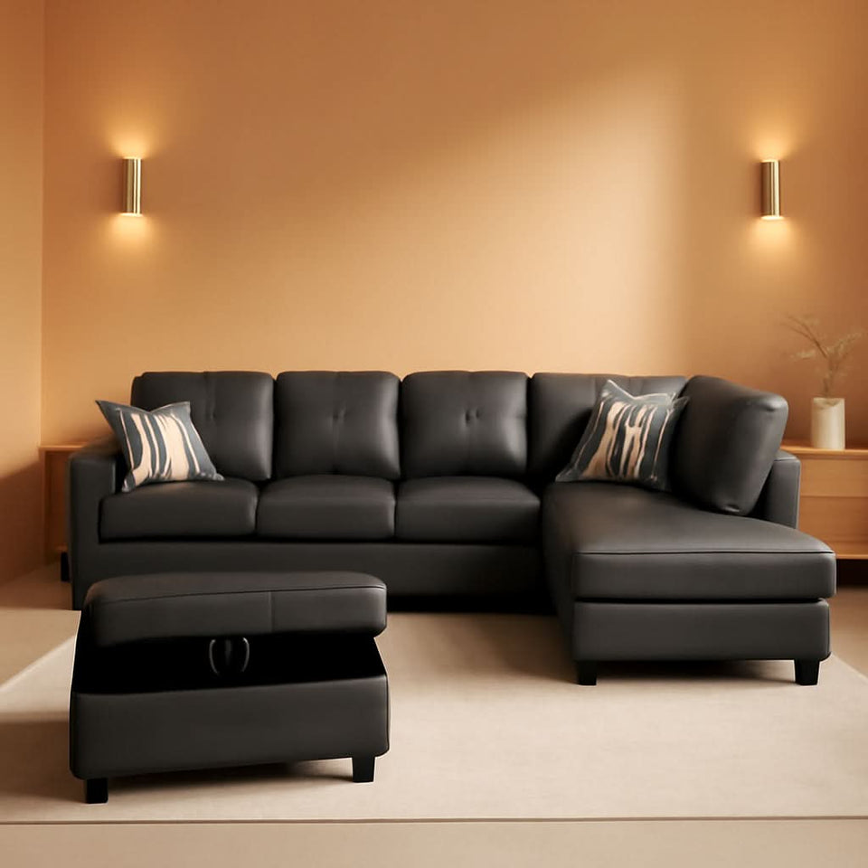 Dark Grey L Shaped PU Leather Sofa With Storage Ottoman