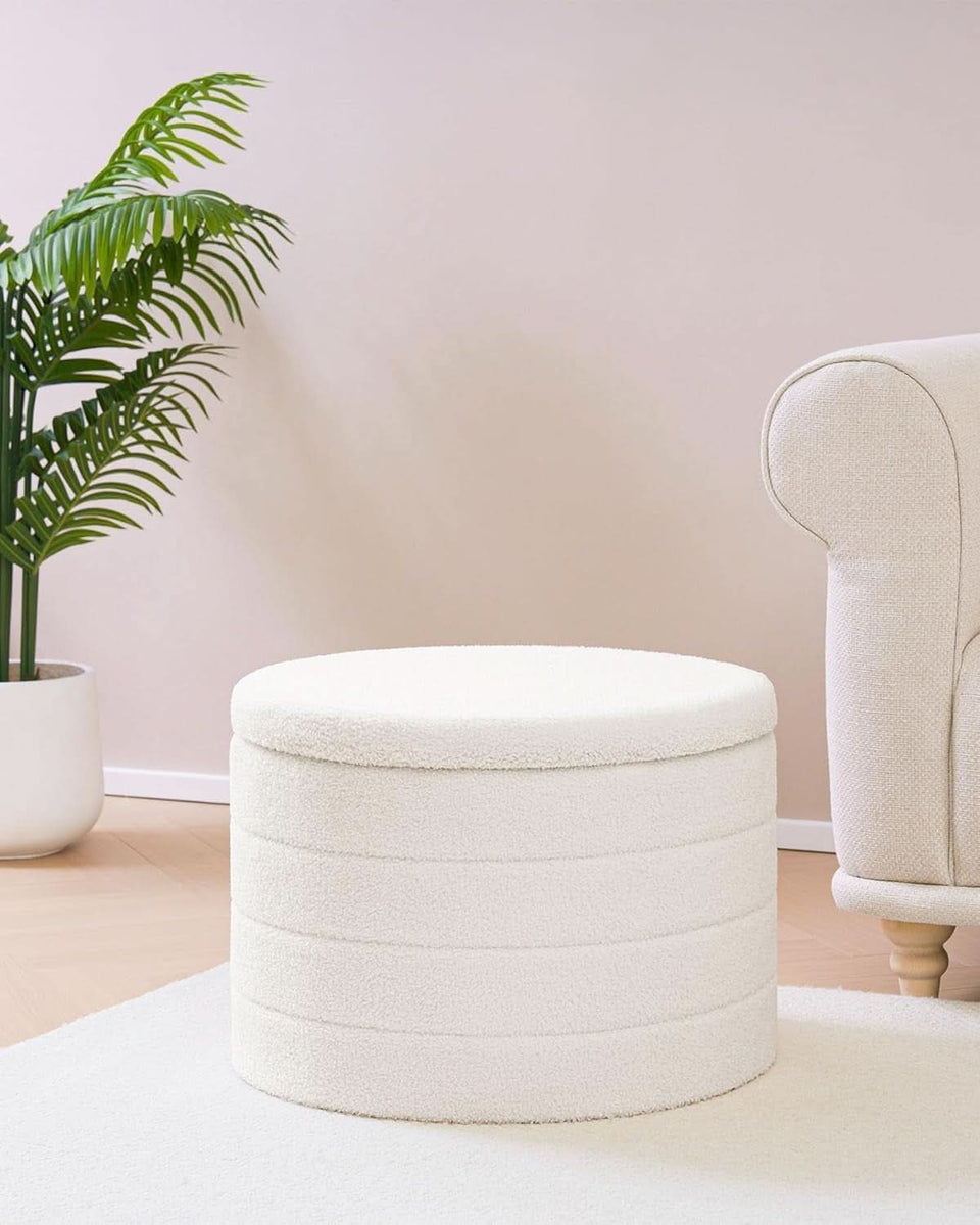 White Twenty TwoIn Round Sherpa Boucle Ottoman Tray