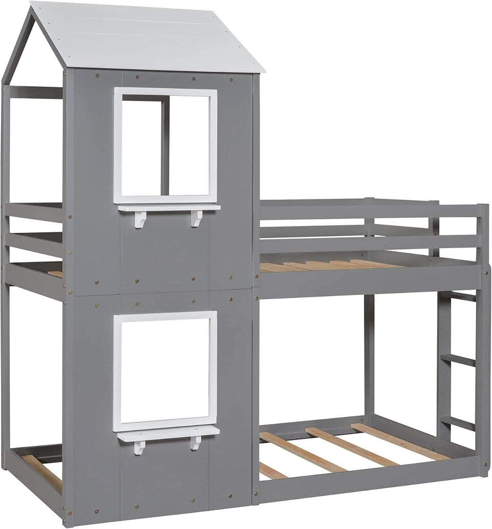Twin Over Twin House Bunk Bed With Roof And Ladders Grey
