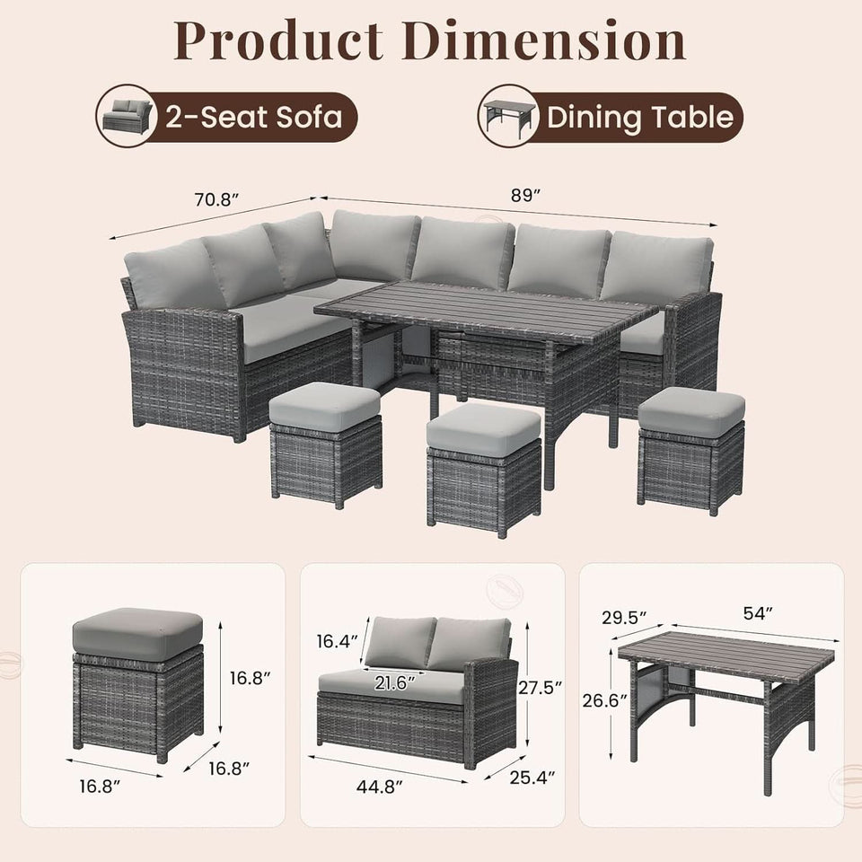7 Piece Outdoor Patio Sectional Set All Weather Wicker Grey Cushions