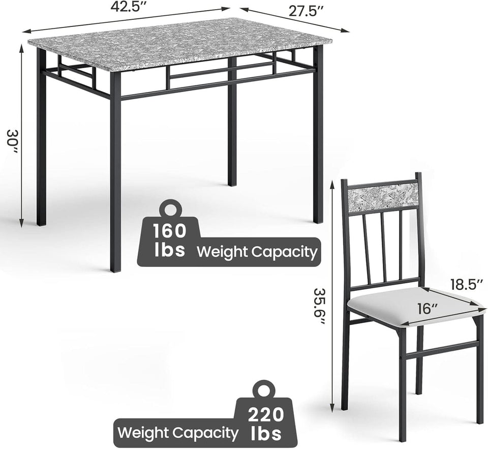 Grey Faux Marble Dining Table Set For 4 With Padded Chairs